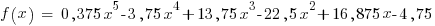 f(x) ~=~ 0,375 x^5 - 3,75 x^4 + 13,75 x^3 - 22,5 x^2 + 16,875 x - 4,75